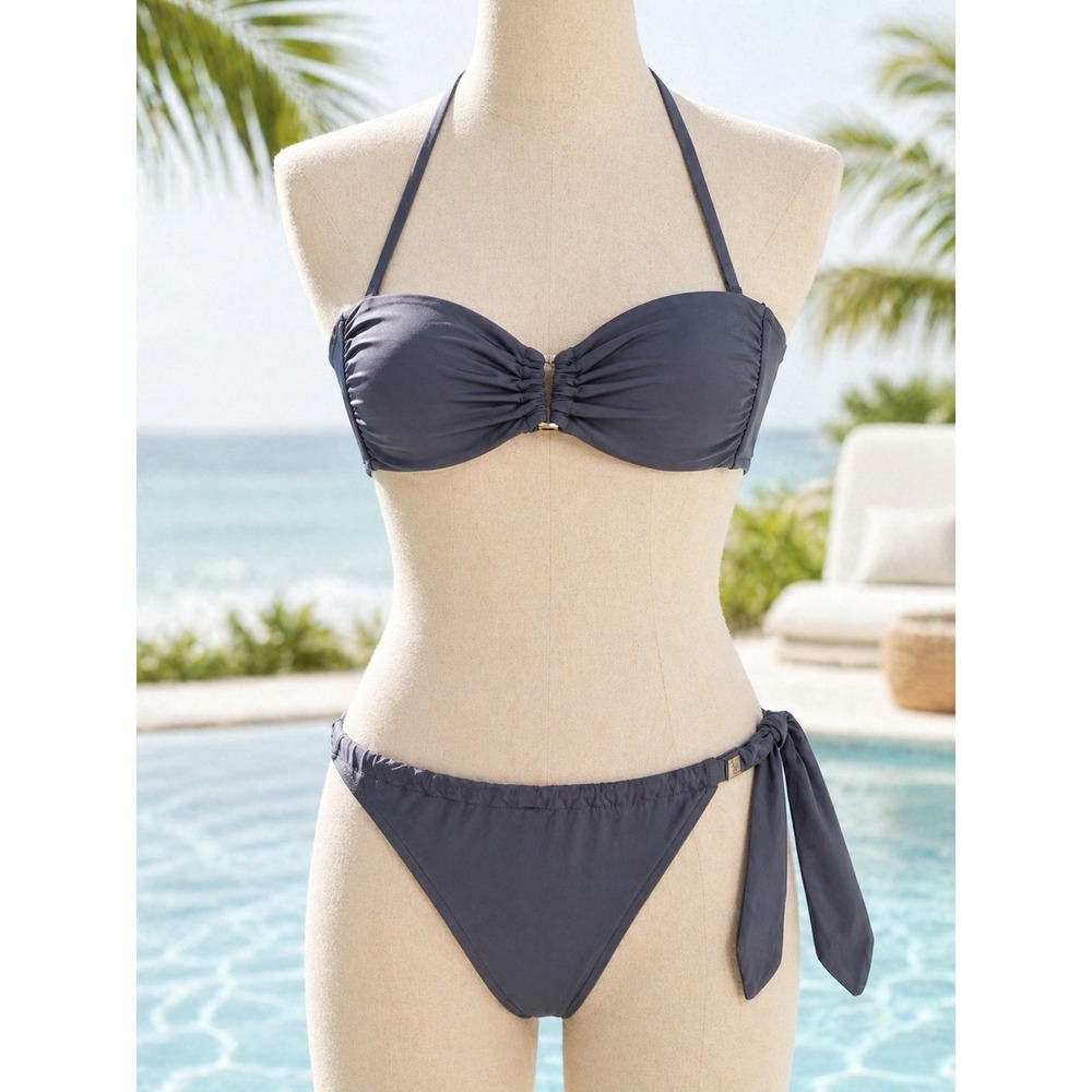 Victoria's Secret Gray Bandeau Bikini 2 Piece‎ Set L Side Tie Halter Ruched NWOT